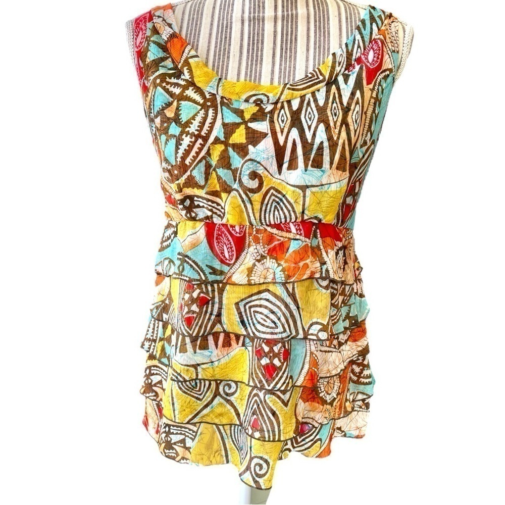 Renuar top, size 10,longer length, multi layers of ruffles, chiffon like texture